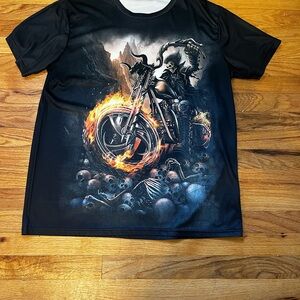 Black Graphic T-Shirt with Fiery Motorcycle Design